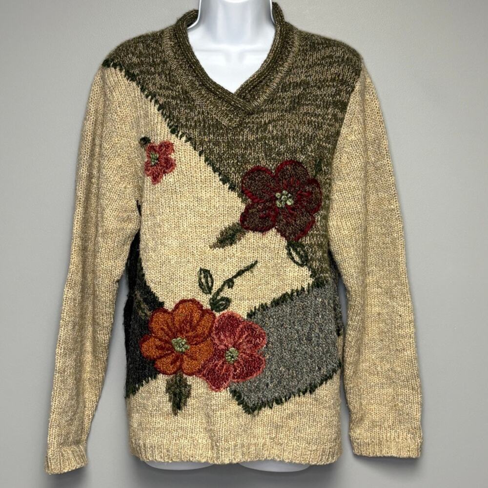 Croft &‎ Barrow Grandmacore Cottagecore Wool Blend Flower Knit Sweater Womens XL